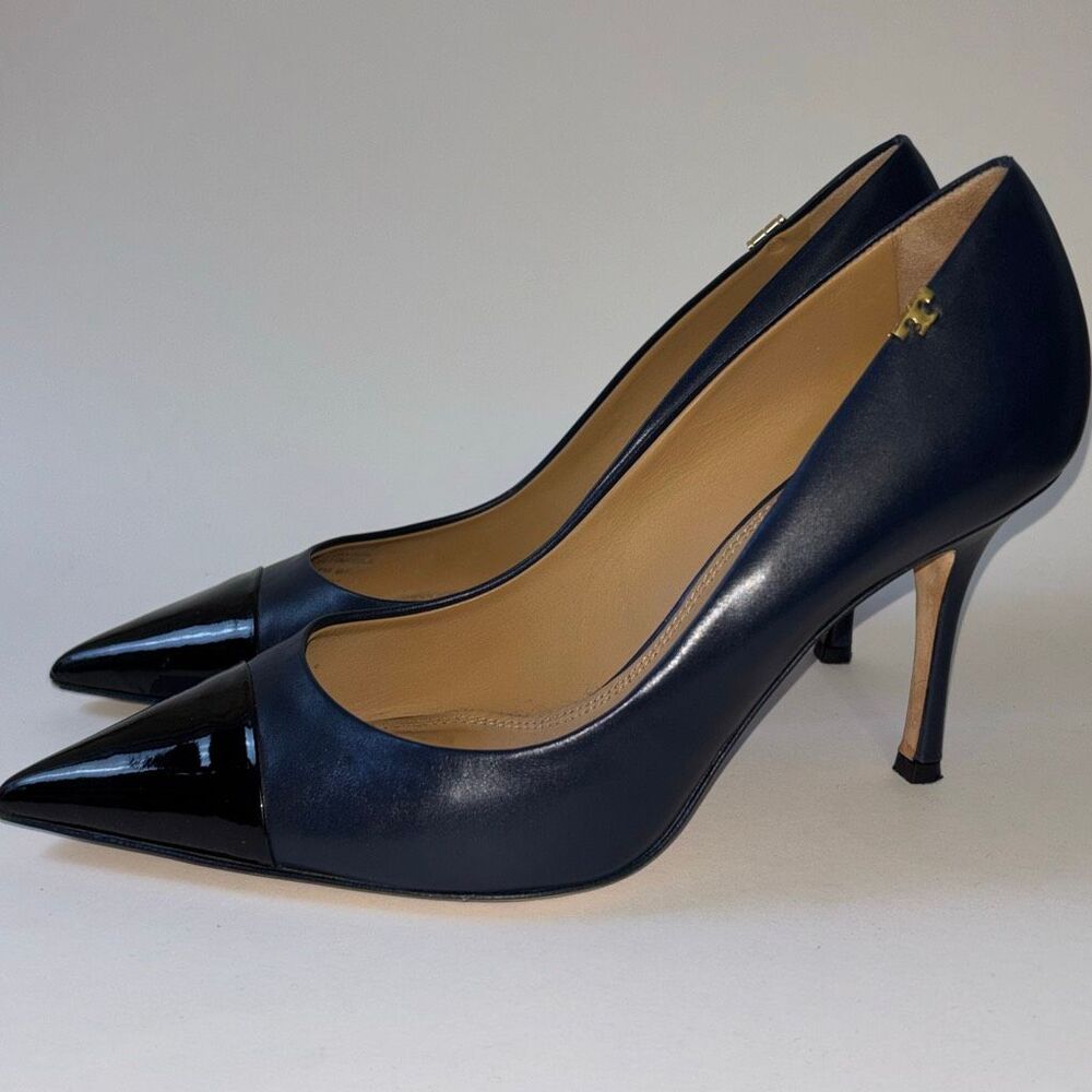 Tory Burch Penelope Pump Shoe Heel Navy Leather/black patent toe Sz 8 85mm EUC - Picture 3 of 9